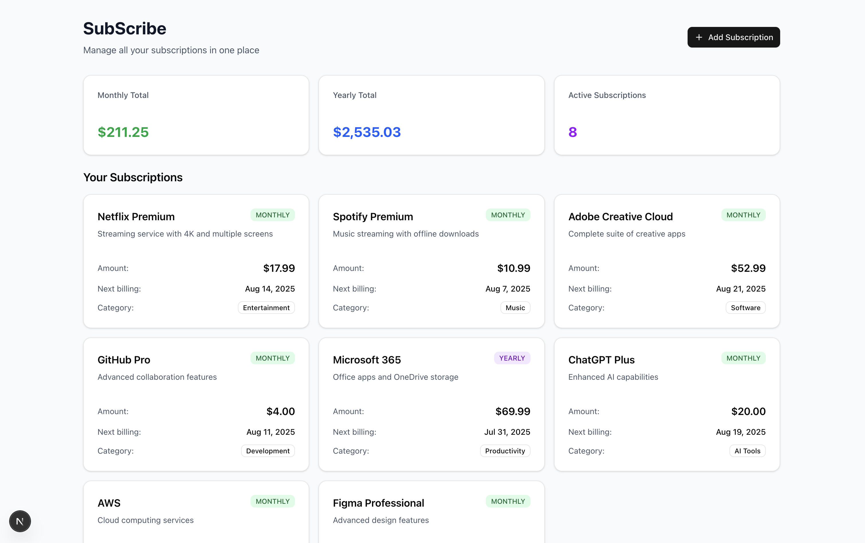 SubScribe Dashboard